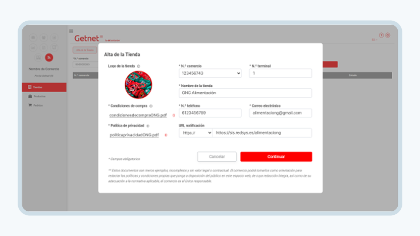 Pantalla con el formulario de alta de una tienda